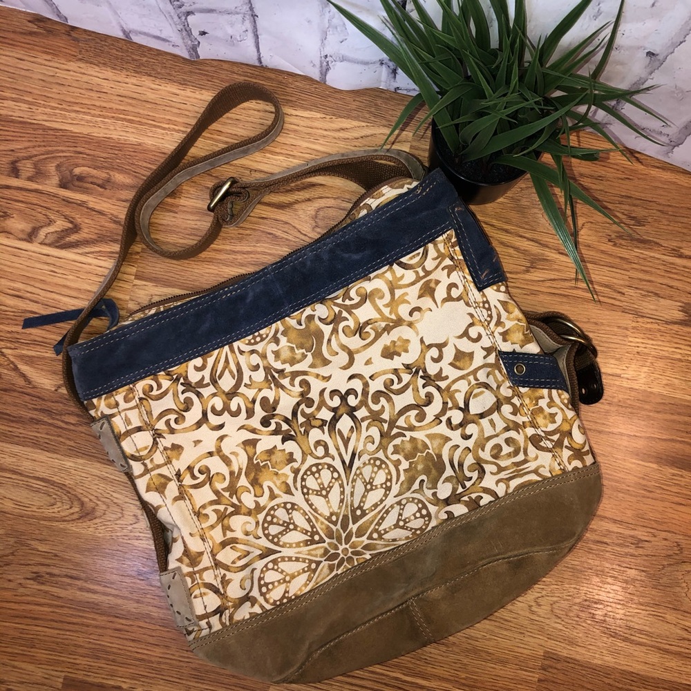 Lucky Brand denim & gold leather canvas crossbody